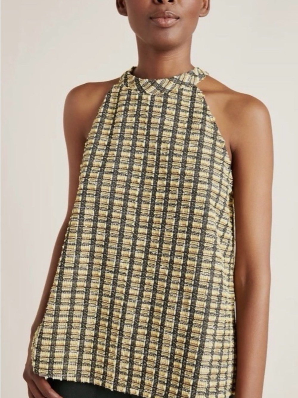 Anthropologie Yellow/Black/Bronze Textured Tweed Halter High Neck SZ M